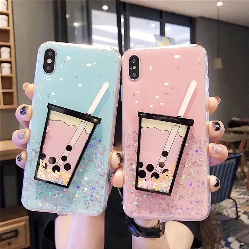 case for iPhone 11 XR 7 8 Pro Max X XS Plus 6 6s cover "pearl milk tea" design glitter Soft Case IXR All-Inclusive | Мобильные