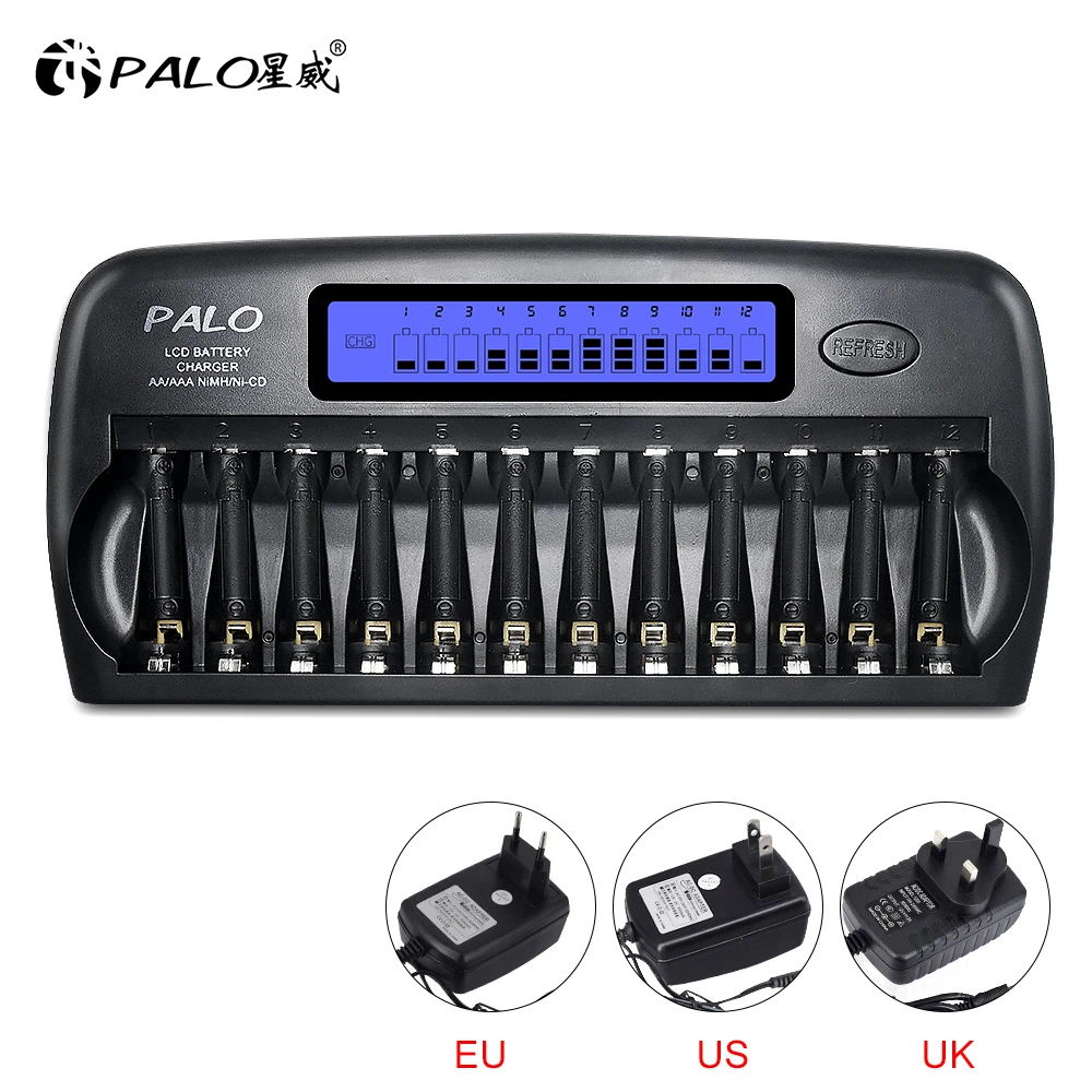 

PALO 12 Slots 1.2V AA AAA Battery Charger Fast Charge Discharge Smart LCD Recharger for Ni-MH Ni-CD Rechargeable Battery