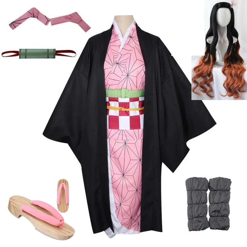 Женское кимоно для косплея парик и клоги из аниме убийца демонов: Kimetsu no Yaiba Kamado