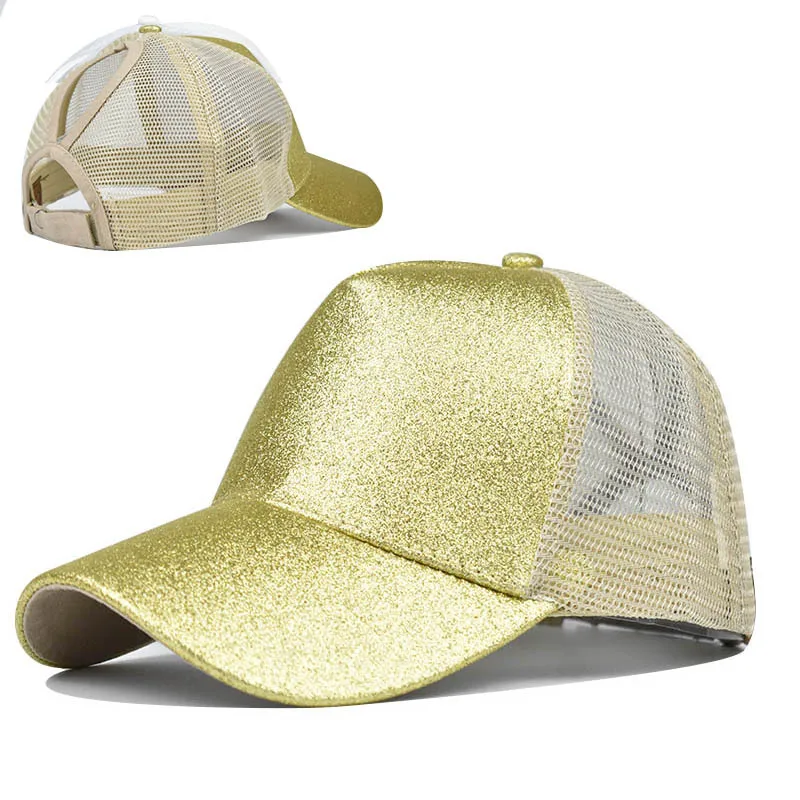 

2020 Glitter Ponytail Baseball Cap Women Snapback Dad Hat Mesh Trucker Caps Messy Bun Summer Hat Female Adjustable Hip Hop Hats