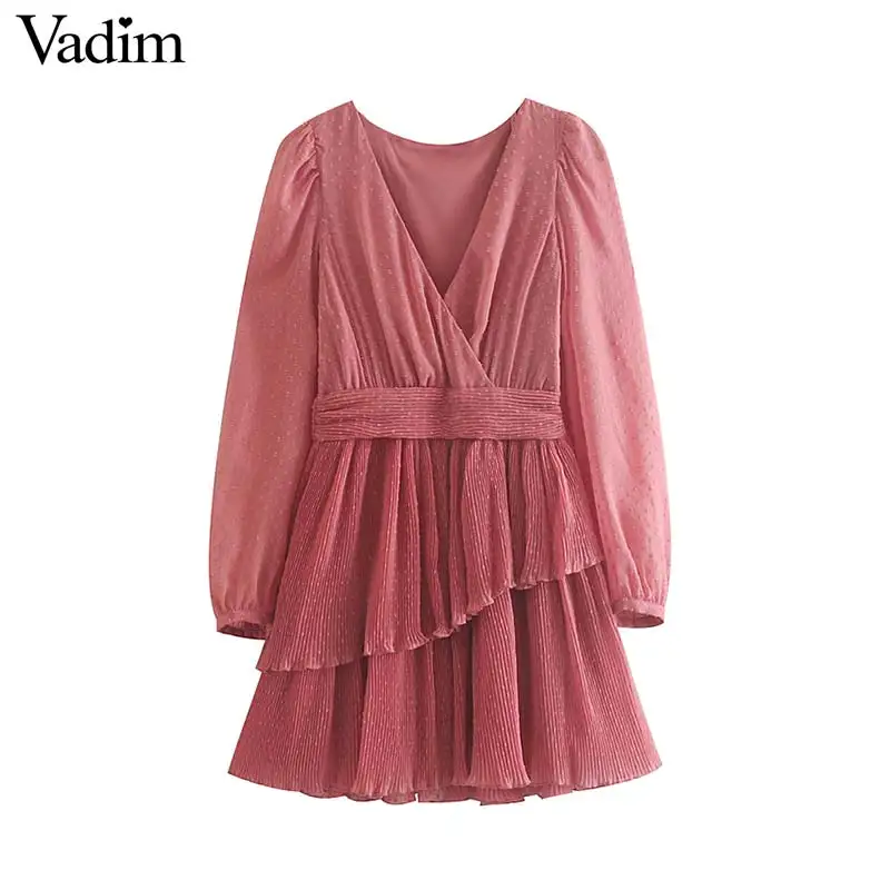 Vadim women sweet solid mini dress long sleeve ruffles side zipper female casual spring design chic dresses vestidos QD076 | Женская