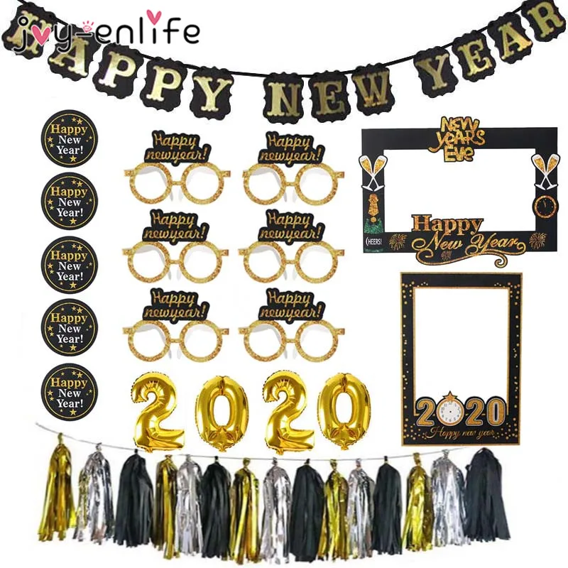 

2020 Happy New Year Decoration Photo Booth Frame Props Balloons Gold Black Banner Garland Navidad New Year Eve Party Supplies