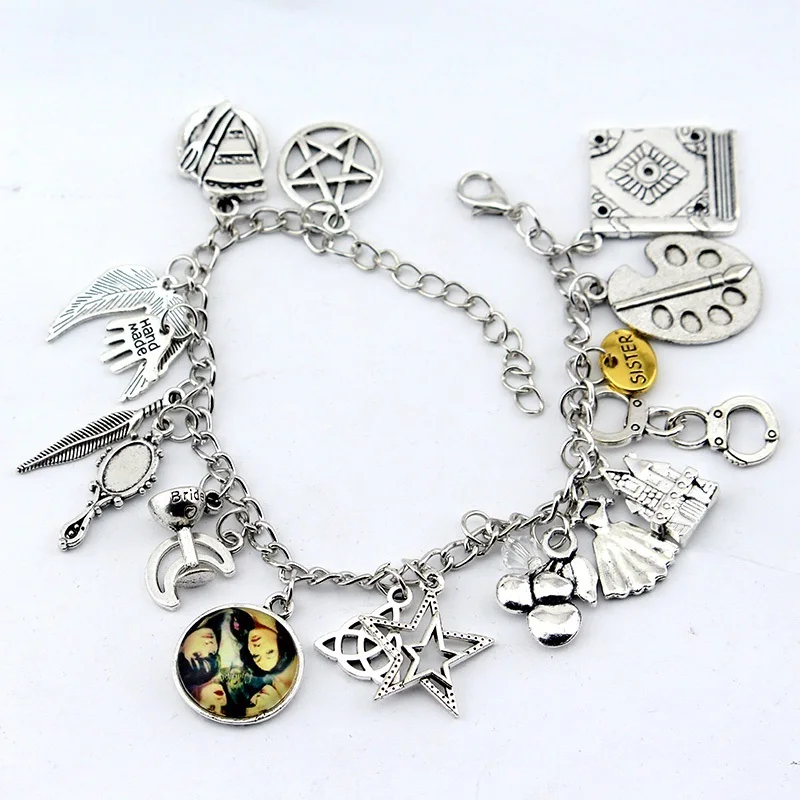 Hot Movie Power of Three Book of Shadows Mirror Feather Stars the Moon Bracelet Jewelry For Woman gift 
Hot Movie Power of Three Book of Shadows Mirror Feather Stars the Moon Bracelet Jewelry For Woman gift