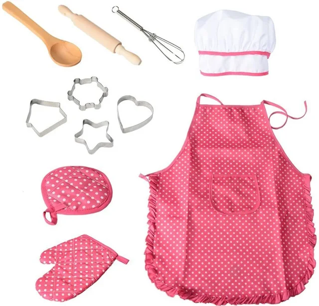 Ensemble de cuisine et de cuisson pour enfants, tablier pour petites filles, chapeau de chef, mitaine et ustensiles pour tout-petits, jouets de maison de jeu, costume de chef 1