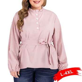

Plus Size Frill Mock-Neck Ruffle Trim Stand Collar Pearl Embellished Lantern Long Sleeve Pink Blouse 4Xl Belted Blusa Blouses