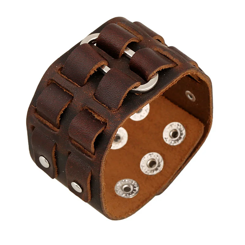Classic Handmade Weave Genuine Leather Cuff Bracelets Three Rows Button Buckle Wide Bangles For Women Men Arm Jewelry | Украшения и