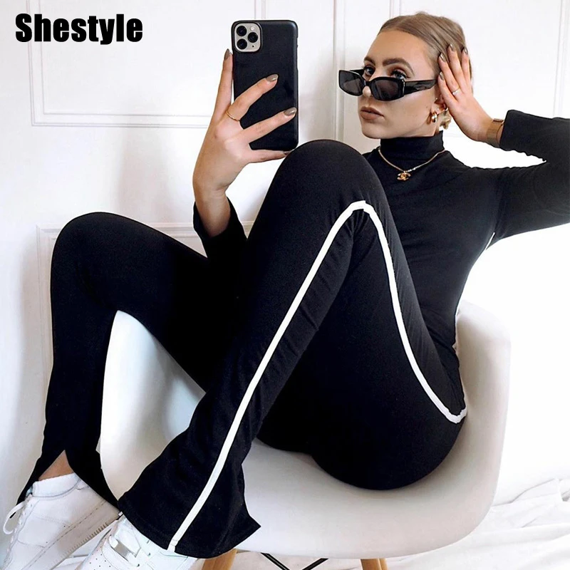 

Shestyle Side Striped Mock Neck Slpited Jumpsuits Women Bodycon Push Up Sporting Workout Rompers Gray Black Jumpsuit Fitness