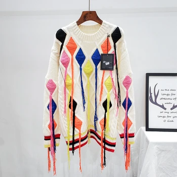 Fashion Patchwork Sweater For Women O-Neck Long Sleeve Tassel Lace Up Hit Color Knitting Pullovers Loose Casual Sweater Female
Fashion Patchwork Sweater For Women O-Neck Long Sleeve Tassel Lace Up Hit Color Knitting Pullovers Loose Casual Sweater Female