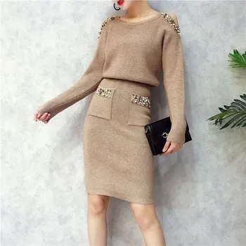2020 Sweater Dress Suit & Set Women Long Sleeve Casual Khaki Pullover Spring Autumn Knitted Dresses Pearls Pocket Costume
2020 Sweater Dress Suit & Set Women Long Sleeve Casual Khaki Pullover Spring Autumn Knitted Dresses Pearls Pocket Costume