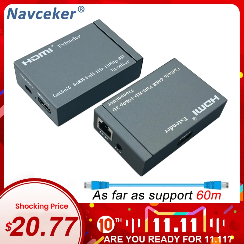 HDMI Extender with 2 Ports HDMI Splitter extend HDMI 1080P signal to 60m RJ45 Transmitter TX/RX with IR Converter Support CAT6
HDMI Extender with 2 Ports HDMI Splitter extend HDMI 1080P signal to 60m RJ45 Transmitter TX/RX with IR Converter Support CAT6