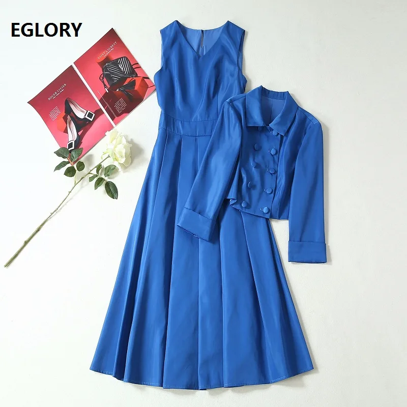 Elegant Work Suits 2019 Autumn Fashion Jacket Set Women Turn-down Collar Double Breasted Small Coat+Large Swing Blue Dress Set
Elegant Work Suits 2019 Autumn Fashion Jacket Set Women Turn-down Collar Double Breasted Small Coat+Large Swing Blue Dress Set