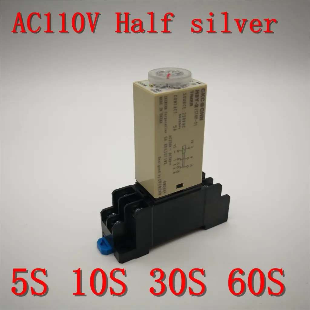 1pcs H3Y-2 Time Relay Delay Timer 0 -5 10 30 60 Seconds with Base 5A AC 110V 1S 5S 10S 30S 60S Two open two closed Half silver
1pcs H3Y-2 Time Relay Delay Timer 0 -5 10 30 60 Seconds with Base 5A AC 110V 1S 5S 10S 30S 60S Two open two closed Half silver