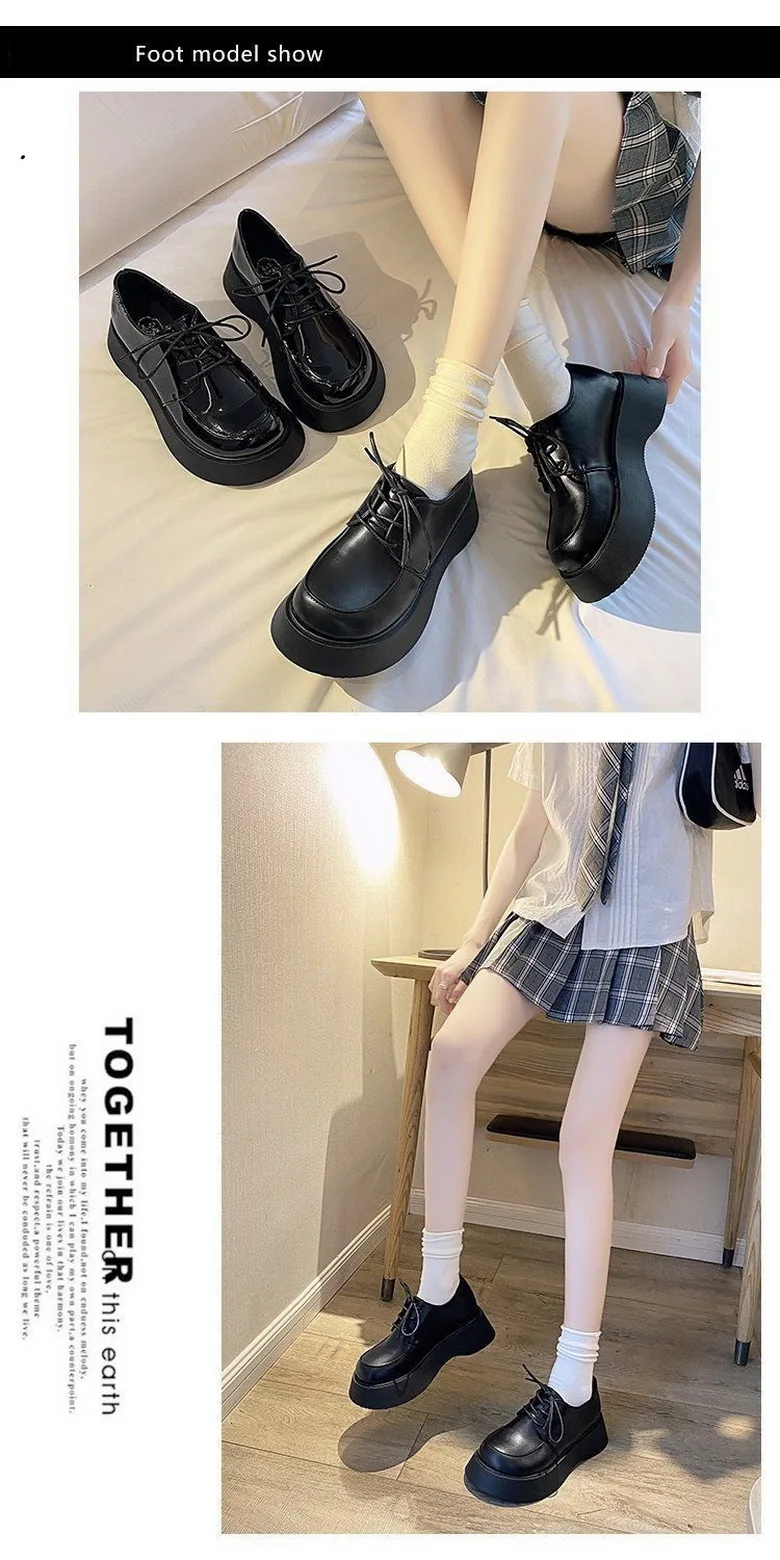 Platforms Shoes Women Bottom Heels Woman Autumn Shoes Round Big toe Shoe British Style Girls Faves Footwear Slip On Black