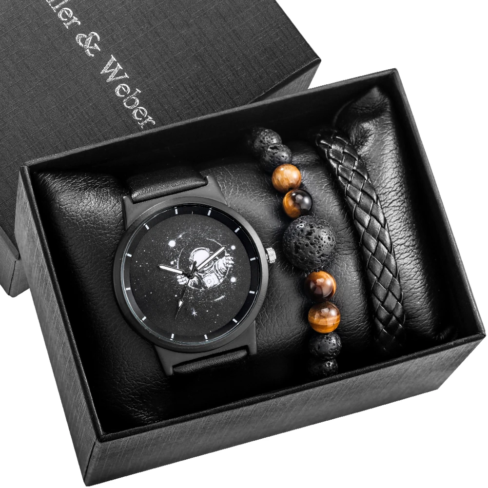 Fashion 3 PCS Set Casual Business Quartz Wristwatch Bracelet Gift Box Leather Strap Buckle Astronaut Pattern Dial Men's Watches
Fashion 3 PCS Set Casual Business Quartz Wristwatch Bracelet Gift Box Leather Strap Buckle Astronaut Pattern Dial Men's Watches