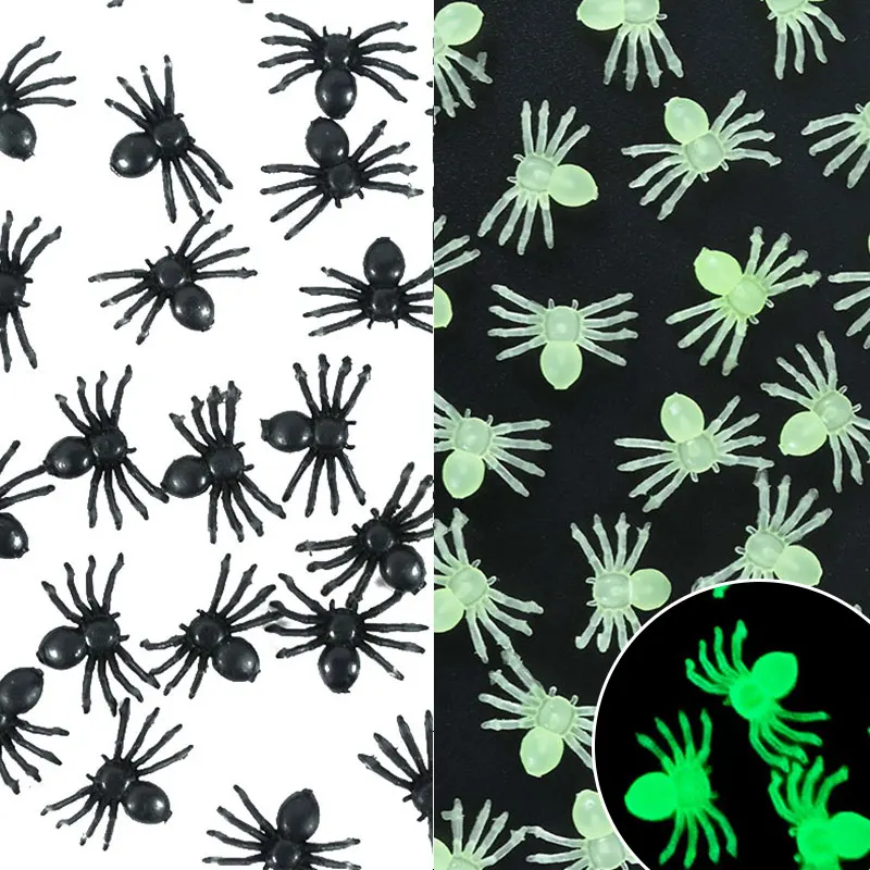 

50pcs Halloween Horror Black Spider Mini Plastic Luminous Spider Haunted Simulation Tricky Toy House Spider Bar Party Supplies