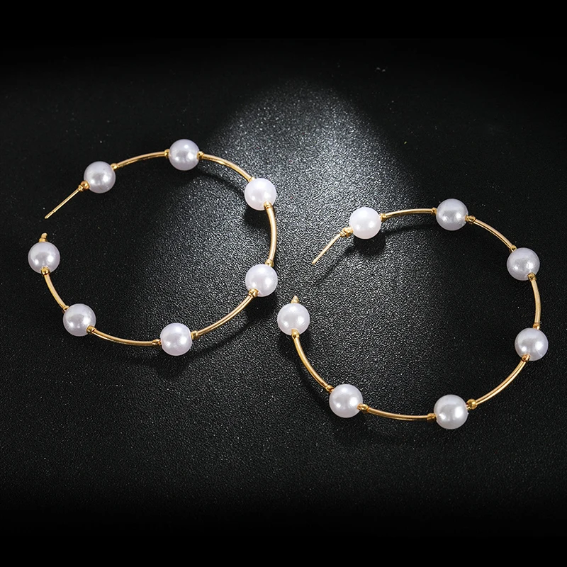 Bohmeian-Boucles d'oreilles créoles rondes en perles blanches pour femmes, grandes boucles d'oreilles de déclaration, bijoux de fête exagérés, document doré 5