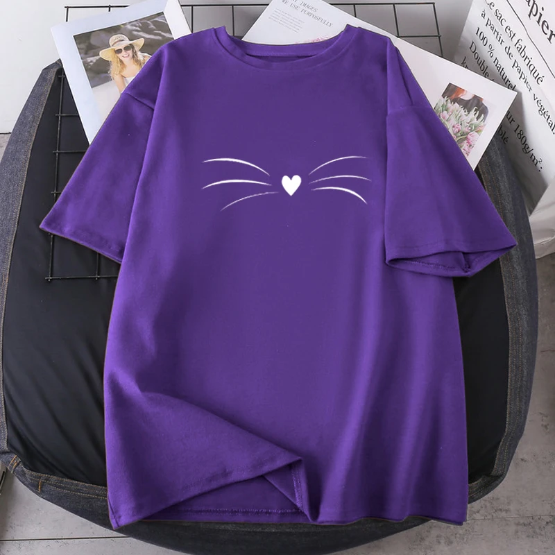 Funny Cat Beard T-shirts Lady Purple Summer 2021 Female Clothing Hip Hop Oversize Tops Casual Polyester Camisetas Tees | Женская одежда