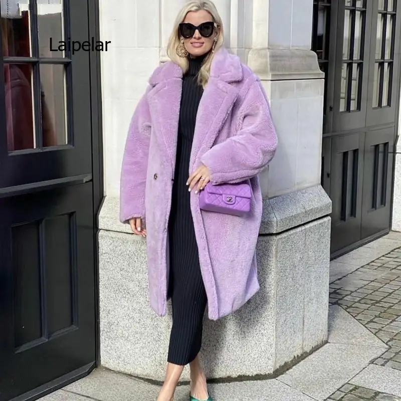 

Winter Stylish Notched Collar Hairy Shaggy Faux Fur Long Coat Purple Woman Shearling Fluffy X-Long Jackets Keep Warm Outerwear
