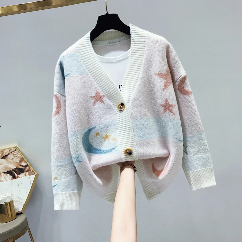2019 Autumn Winter Women Sweater Cardigans Star Moon Printed Cardigans Poncho Single Breasted Knit Sweater Harajuku Out Top
2019 Autumn Winter Women Sweater Cardigans Star Moon Printed Cardigans Poncho Single Breasted Knit Sweater Harajuku Out Top
