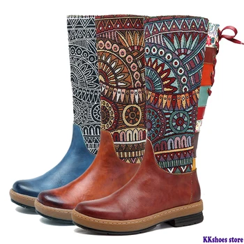 Vintage Mid-calf Boots Women Shoes Bohemian Retro Genuine Leather Motorcycle Boots Printed Side Zipper Back Lace Up Botas 
Vintage Mid-calf Boots Women Shoes Bohemian Retro Genuine Leather Motorcycle Boots Printed Side Zipper Back Lace Up Botas