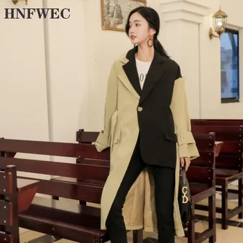 2019 autumn and winter new products Fashion lapel one button suit contrast color strap casual coat long section L374 
2019 autumn and winter new products Fashion lapel one button suit contrast color strap casual coat long section L374