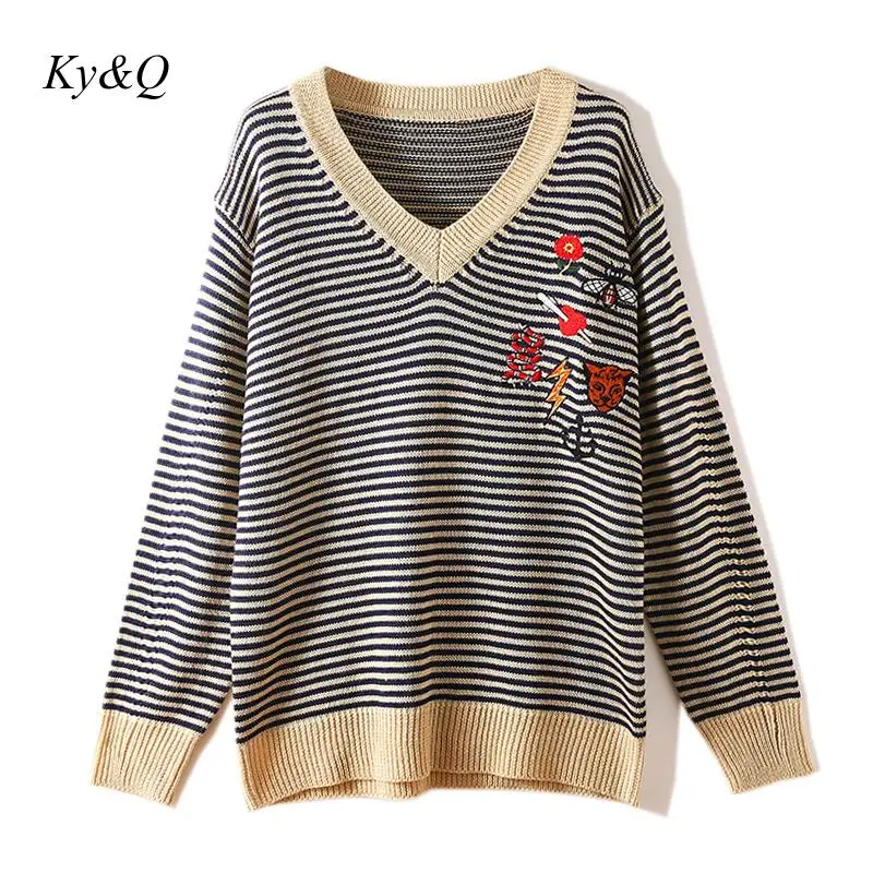 2019 Autumn Winter New Sweater Women's High Street Fashion Pattern Embroidery Black White Striped V-neck Loose Sweater Pullover
2019 Autumn Winter New Sweater Women's High Street Fashion Pattern Embroidery Black White Striped V-neck Loose Sweater Pullover