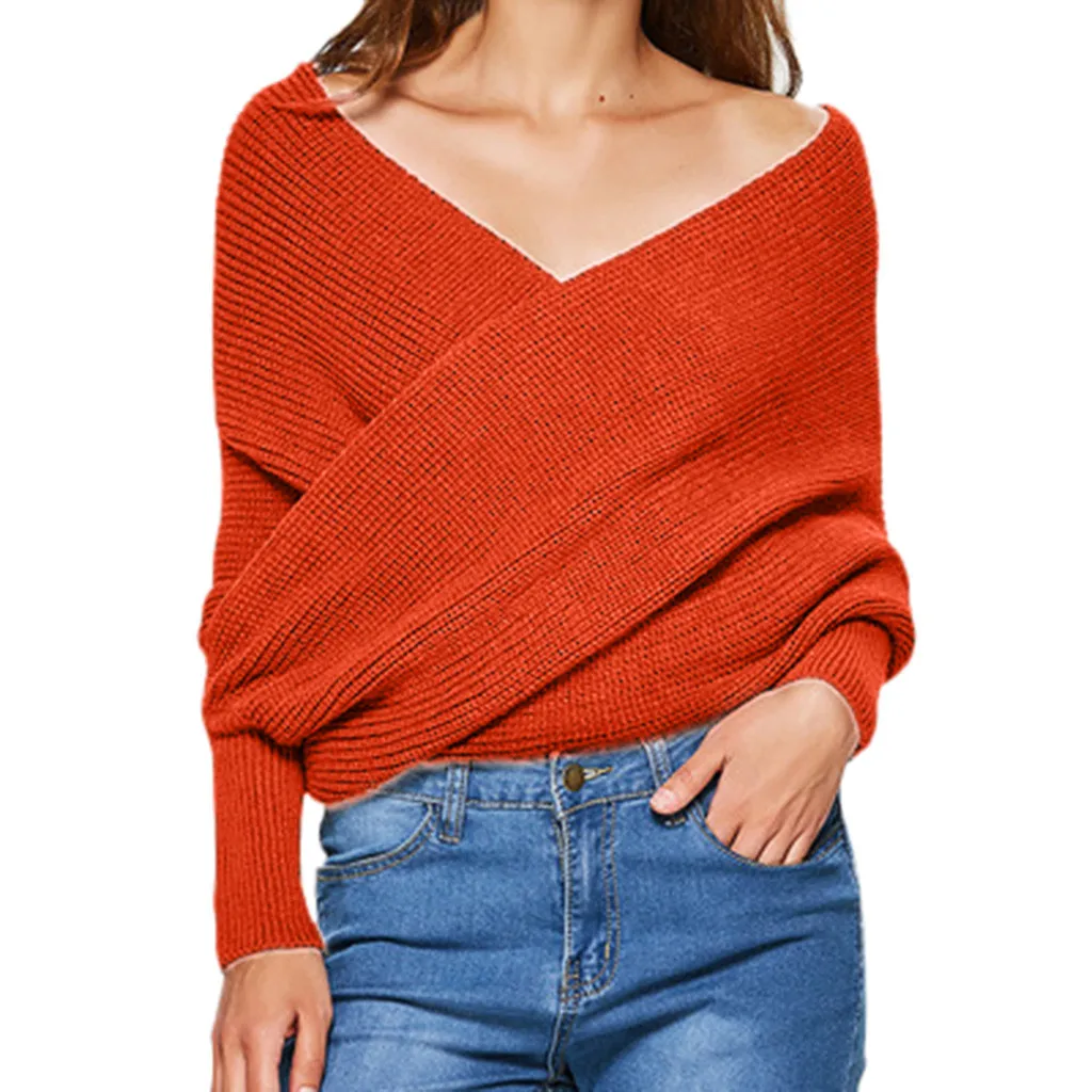 Jaycosin Fashion Casual Simple Lady Long Sleeve Cross Shoulders Cape Sweater Stylish Comfortable Soft Solid Color Blouse
