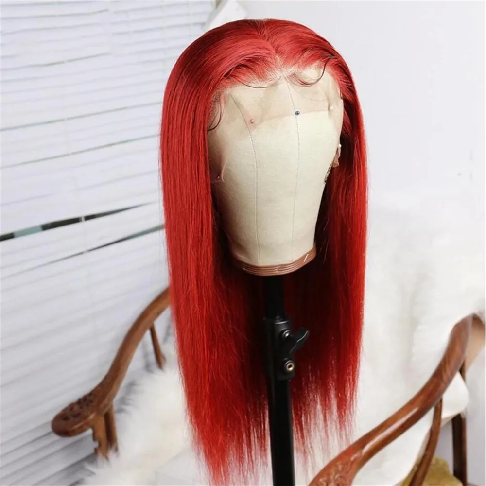 Full Lace Wigs Red Straight Brazilian Remy Hair Preplucked Bleached Konts Glueless Wigs With Transpartent Lace For Women