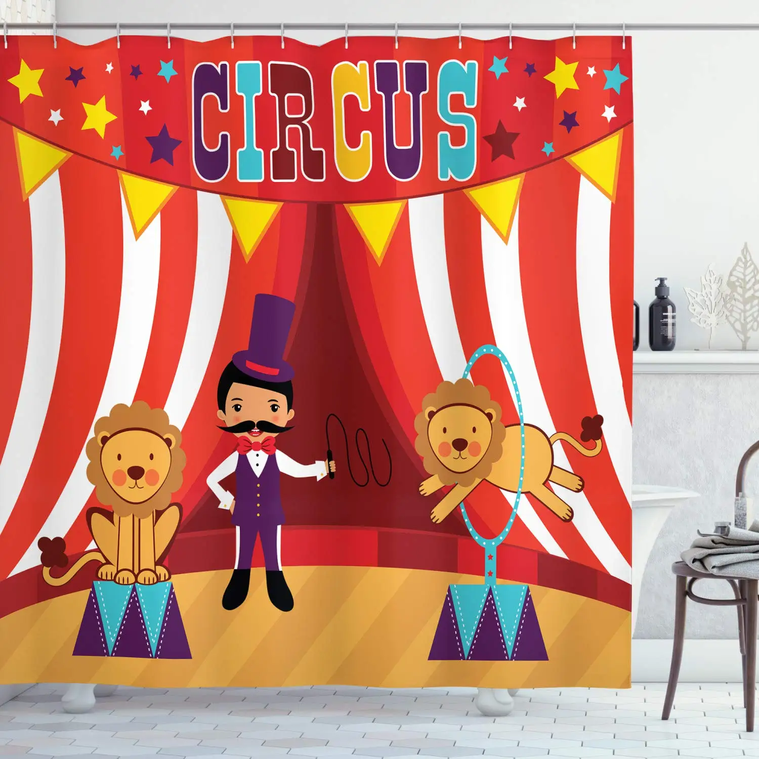 Circus Shower Curtain, Tamer and Lions Circus Performance Dangerous Amusing Celebrating Party Fun Theme, Cloth Fabric Bathroom
Circus Shower Curtain, Tamer and Lions Circus Performance Dangerous Amusing Celebrating Party Fun Theme, Cloth Fabric Bathroom