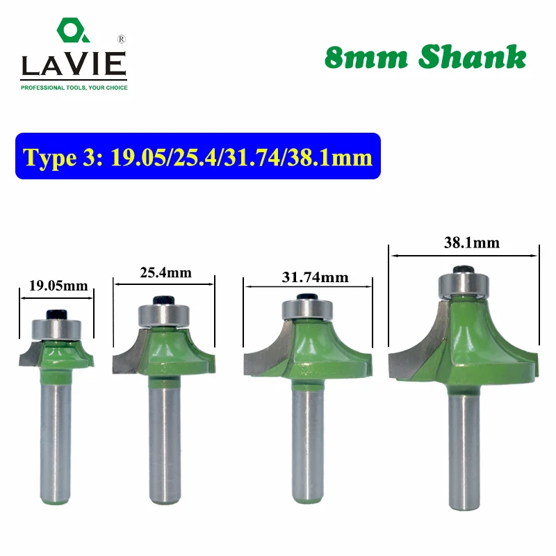 LAVIE 3pcs 8mm Corner Round Over Router Bit with Bearing 1/2 3/4 1 Milling Cutter for Wood Woodwork Tungsten Carbide MC02013