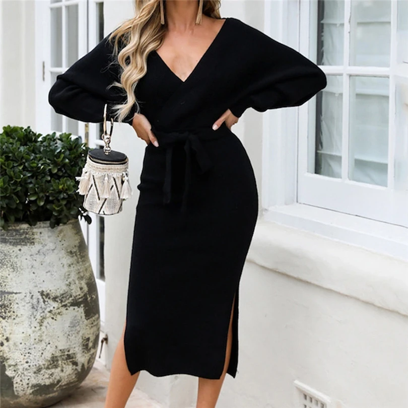 Ladies Solid color Bow Long Sleeve Bandage Fork Hem Dress Women's fashion V-neck openwork open back slit Dress vestidos de veran
Ladies Solid color Bow Long Sleeve Bandage Fork Hem Dress Women's fashion V-neck openwork open back slit Dress vestidos de veran