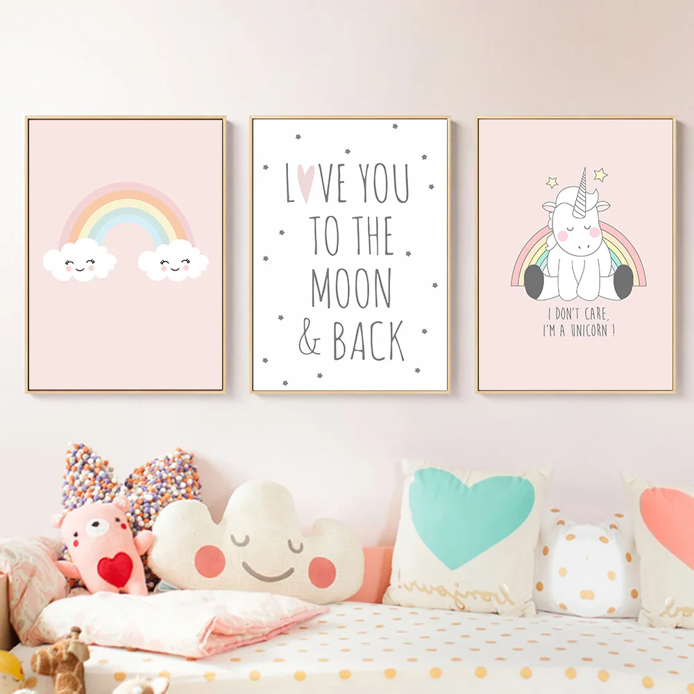 

Pink rainbow canvas painting children poster Nordic mural picture unicorn animal poster kindergarten poster and print baby room