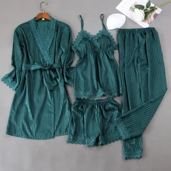 Satin Women Sleepwear 4PCS Pajamas Nightwear Sleep Set Casual Kimono Bathrobe Gown Intimate Lingerie Silky Home Clothes 
Satin Women Sleepwear 4PCS Pajamas Nightwear Sleep Set Casual Kimono Bathrobe Gown Intimate Lingerie Silky Home Clothes