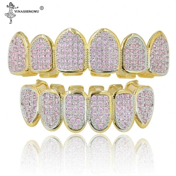 

Shining Hip Hop Grillz Iced Out CZ Fang Mouth Teeth Grills Caps Top & Bottom Tooth Set Fashion Men Women Vampire Grills Jewelry