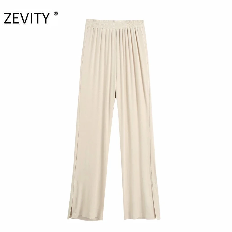 ZEVITY New Women fashion solid color pleats knitting straight pants female elastic waist slim Trousers chic hem split pants P936