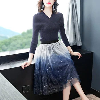2020 Spring Elegant Knitting 2 Pieces Suits Women Pullover Crop Top and Spray Gold Gradient Mesh Skirt Office work Set
2020 Spring Elegant Knitting 2 Pieces Suits Women Pullover Crop Top and Spray Gold Gradient Mesh Skirt Office work Set