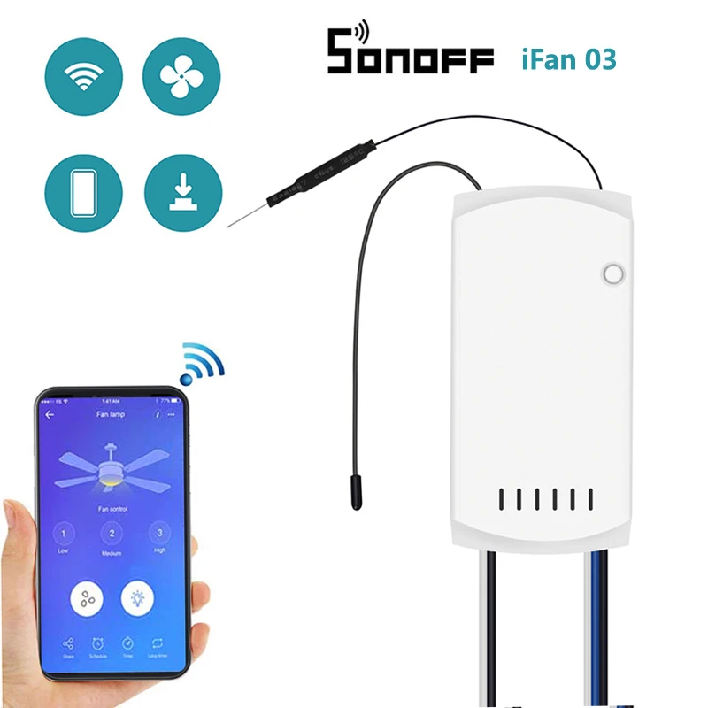 Itead SONOFF iFan03 Wi-Fi Ceiling Fan And Light Controller comes with a 433mhz RF Remote control by App ewelink
Itead SONOFF iFan03 Wi-Fi Ceiling Fan And Light Controller comes with a 433mhz RF Remote control by App ewelink