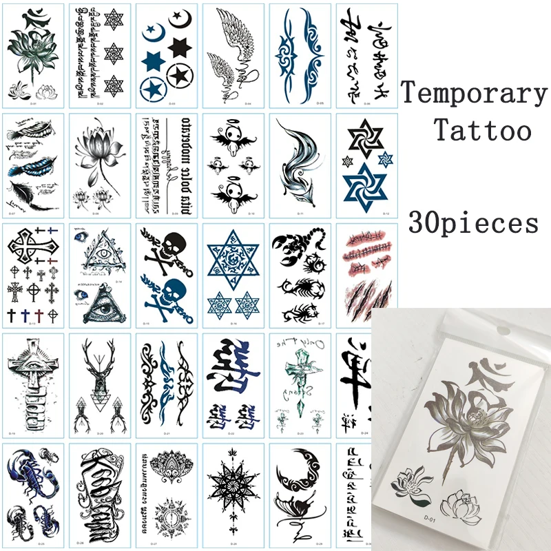 

30pcs Temporary Tatoo Sticker Cross Geometry Mandala Waterproof Fake Tattoo Higan Flower Angel Design Body Art Tattoos Man Woman