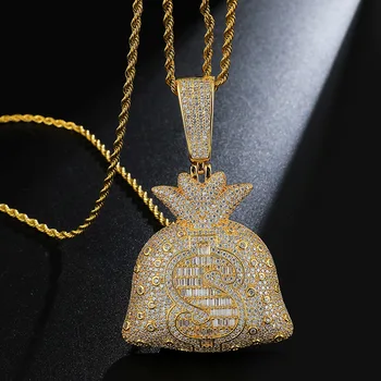 New Solid Copper Dollar Money Bag Pendant Pave Full Cubic Zircon Luxury Designer Hip Hop Iced Out Rock Jewelry
New Solid Copper Dollar Money Bag Pendant Pave Full Cubic Zircon Luxury Designer Hip Hop Iced Out Rock Jewelry