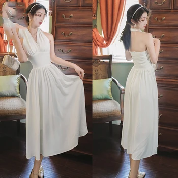 Elegant Chiffon Sleeveless 2020 Summer White Long Women Dress Backless Mid-Calf Empire Halter Sexy Evening Party Dress
Elegant Chiffon Sleeveless 2020 Summer White Long Women Dress Backless Mid-Calf Empire Halter Sexy Evening Party Dress