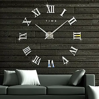 DIY 3D Large Wall Clock Roman Numeral Metallic Mirror Stick On Clock Home Decor
