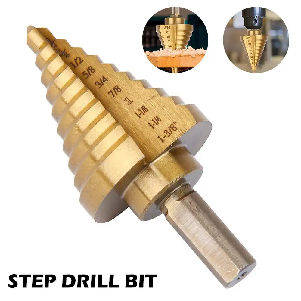 1/4'' 1-3/8'' HSS Titanium Coated Step Drill Bit Drilling Power Tools for Metal High Speed Steel Wood Hole Cutter Cone Drill
1/4'' 1-3/8'' HSS Titanium Coated Step Drill Bit Drilling Power Tools for Metal High Speed Steel Wood Hole Cutter Cone Drill