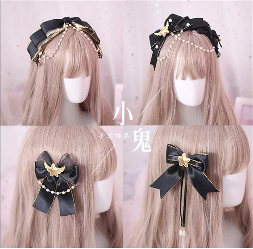 

Dark Black Gothic Lolita Lace Trim KC hair pin Pearls Bow Handwork Hair Accessories Headwear Women's Headdress B447
