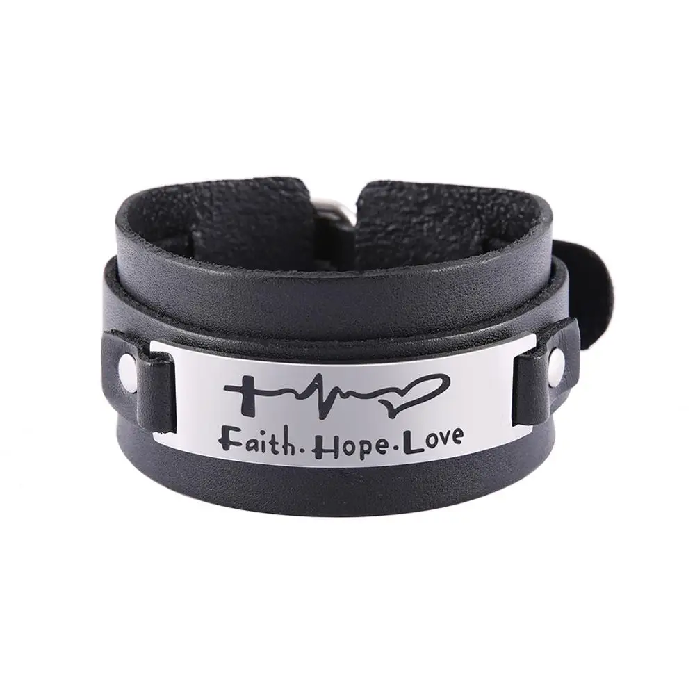 Фото My Shape Genuine Leather Bracelet Faith Hope Love Inspiration Cross Stainless Steel Religious Jewelry Men Punk Bangle Gift | Украшения и