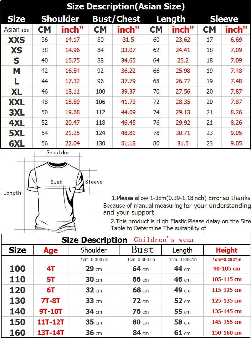Men’s Fantasy T Shirts, Size Chart