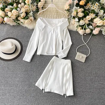 Office Ladies Two Piece Set Black/White Sexy V-neck Long Sleeve Single-breasted Blouse + Zippers Skirt Fashion 2pcs Set New 2020
Office Ladies Two Piece Set Black/White Sexy V-neck Long Sleeve Single-breasted Blouse + Zippers Skirt Fashion 2pcs Set New 2020