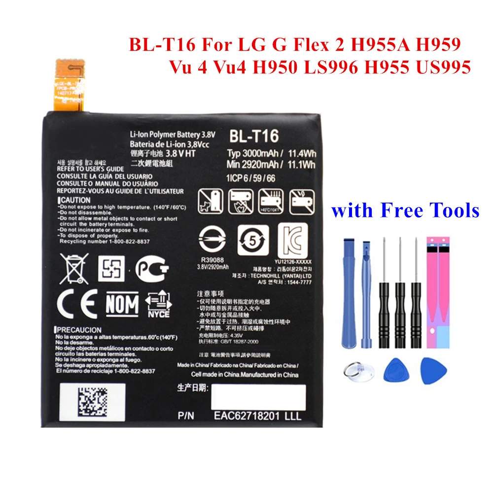 New Built-in Battery BL-T16 for LG G Flex 2 H955A H959 Vu 4 Vu4 H950 LS996 H955 US995 F510 2920/3000mAh Li-Polymer Akku +Tools 
New Built-in Battery BL-T16 for LG G Flex 2 H955A H959 Vu 4 Vu4 H950 LS996 H955 US995 F510 2920/3000mAh Li-Polymer Akku +Tools