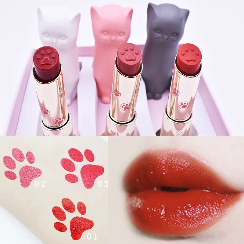 

3 Colors Lipsticks Set Adorable Cat Lipstick Long-Lasting Moisturizing Lips Makeup Lip Sticks Cosmetic Gift Set For Women Girls