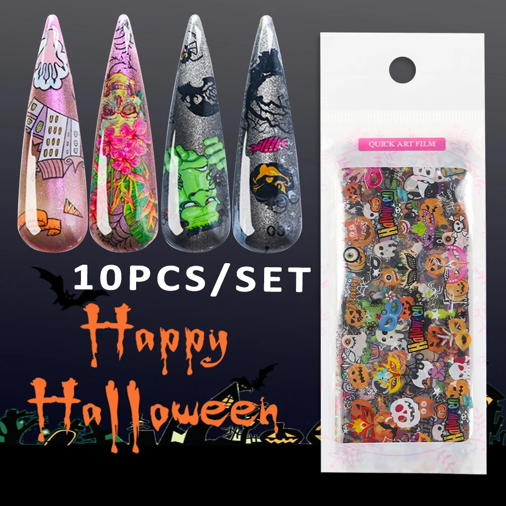 10Pcs/Set Mixed 10 Types Halloween Pumpkin Cat Witch Skull Nail Transfer Foils Slide Adhesive Stickers Polish Nail Art Decals
10Pcs/Set Mixed 10 Types Halloween Pumpkin Cat Witch Skull Nail Transfer Foils Slide Adhesive Stickers Polish Nail Art Decals