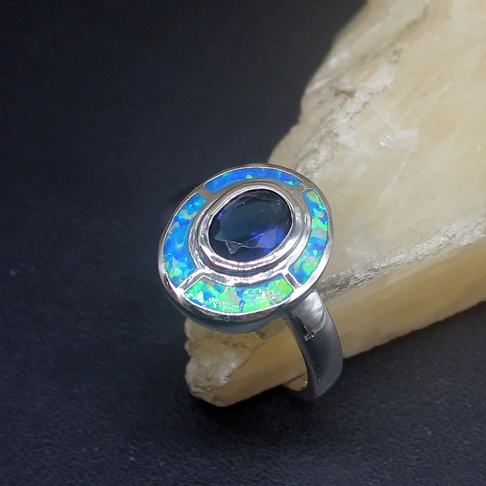 

Hermosa Natural Gemstone Blue Opal Sapphire Genuine 925 Silver Band Ring Wedding Engagement Gifts for Women Size 8# 20214285
